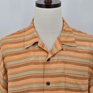 Tommy Bahama Silk Camp Shirt Men's L Orange Stripe Floral Tropical Hawaiian